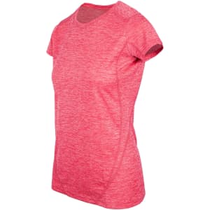 A pink women's short-sleeve T-shirt made from 100% polyester, featuring a logo.