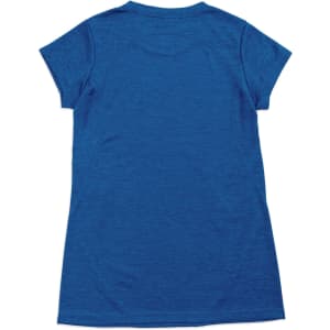 A blue women's T-shirt made of 100% polyester, featuring short sleeves and a simple design.