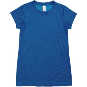A blue women's T-shirt made of 100% polyester, featuring a round neck and short sleeves. It has a logo.