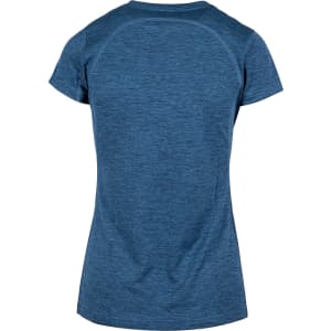 A women's T-shirt in a textured blue fabric, featuring short sleeves and a curved back design. It has a logo.