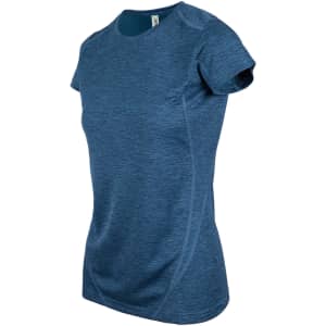 A blue women's t-shirt made from 100% polyester, featuring a fitted design and short sleeves. It has a branding logo.