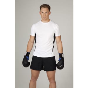 A man wearing a white and black Men's Accelerator Cool Dry T-shirt with boxing gloves and shorts.