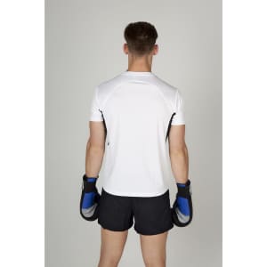 A man in a white short-sleeved T-shirt and black shorts, wearing boxing gloves. The shirt has a logo.