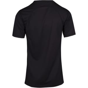 A black men's cool dry T-shirt featuring short sleeves and a back view. Includes a logo.