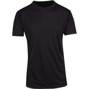 A black men's T-shirt made from cool dry fabric, featuring a round neckline and short sleeves. It has a logo.