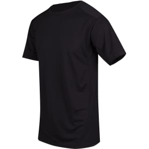 A black men's T-shirt made from cool dry fabric, featuring short sleeves and a fitted design. It has a logo on it.