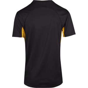A black and yellow men's t-shirt featuring a logo, designed for cool and dry comfort.