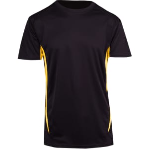 A black and yellow Men's Accelerator Cool Dry T-shirt featuring a logo.