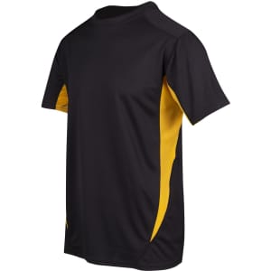 A black and yellow men's t-shirt with a logo, featuring a cool dry design. Suitable for active wear.