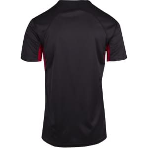 A black and red men's T-shirt with a smooth finish and a logo on the back.