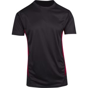 A black T-shirt with red accents, designed for men's athletic wear. Features a logo on the front.