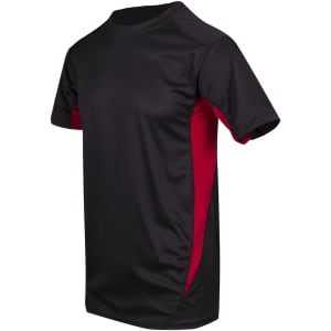 A black and red men's t-shirt with short sleeves and a fitted design. It features a logo on the chest area.