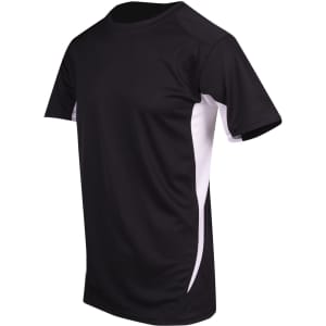 A black and white men's T-shirt with short sleeves, featuring a logo on the front.