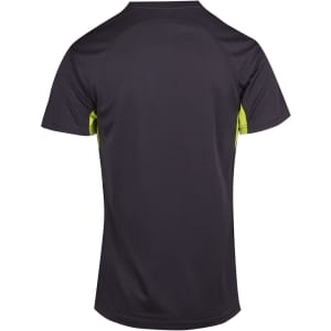 A dark grey T-shirt with bright green accents, featuring a logo on the back. Suitable for active wear.