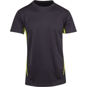 A black men's T-shirt with short sleeves, featuring lime green accents and a simple design. It has a logo on it.