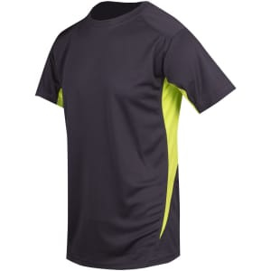 A men's T-shirt in black with bright green side panels. It features a logo and a cool dry fabric.