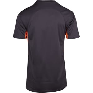 A men's T-shirt in dark grey with orange accents, featuring a smooth back design and a logo.