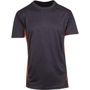A men's short-sleeve T-shirt in black with orange accents, featuring a logo on the front.