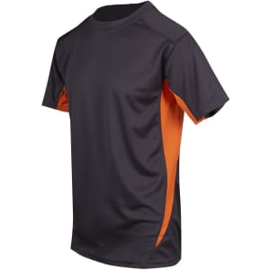 A black and orange men's T-shirt made from cool dry fabric, featuring a logo on one side.