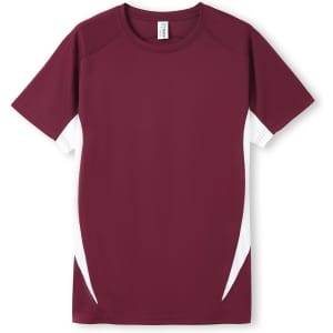 A maroon men's T-shirt with white side panels and a logo on the front. It's made from cool dry material.