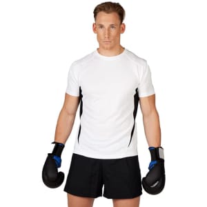 A white short-sleeved T-shirt with black side panels, worn by a man in boxing gloves and shorts.