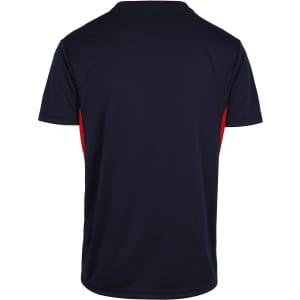 A navy and red men's t-shirt with a back design and a logo. Features short sleeves and a sporty look.