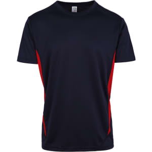 A navy blue T-shirt with red side accents and a logo, designed for men.