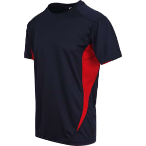 A navy blue T-shirt with red accents, featuring a logo on the front. Ideal for athletic wear.