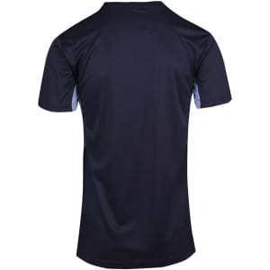A dark navy blue men's T-shirt featuring a sleek design and a logo on the front.