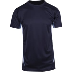 A navy blue men's T-shirt featuring short sleeves and a fitted design, with light blue side accents.