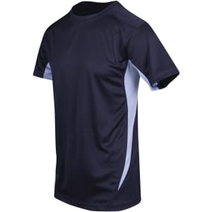 A navy blue and light blue men's t-shirt with short sleeves and a logo. Features a cool dry fabric design.