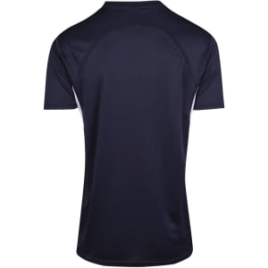 A navy blue men's t-shirt with a sleek design and a logo on the back. Made from cool dry fabric.