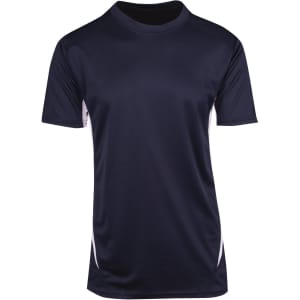 A navy blue men's t-shirt with short sleeves and contrasting white side panels, featuring a logo.