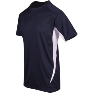 A navy blue and white men's T-shirt with a sporty design and a logo on it.