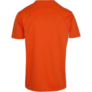An orange men's t-shirt with a smooth fabric and short sleeves, featuring a branding logo.