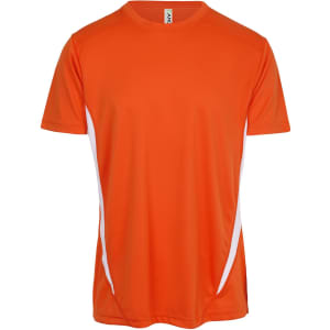 An orange T-shirt with white side accents and a logo. Suitable for casual and active wear.