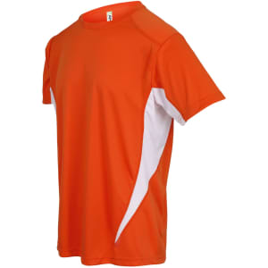 An orange T-shirt with white side panels and a logo, designed for men's activewear.