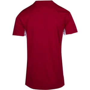 A red men's T-shirt with short sleeves, featuring a design on the back and a logo.