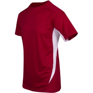 A red and white men's t-shirt with a cool dry fabric, featuring short sleeves and a branding logo.