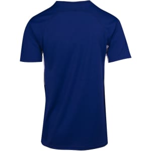 A blue men’s t-shirt with a smooth fabric and a back view. The shirt features a logo on the side.