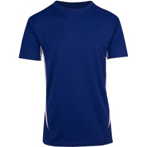 A navy blue men's t-shirt with short sleeves and white side accents, featuring a logo.