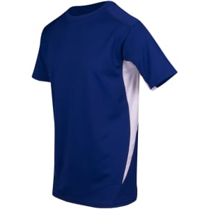 Navy blue t-shirt with white side panels, featuring a logo on the chest. Breathable and moisture-wicking fabric.