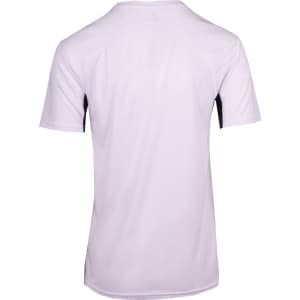 A white men's T-shirt featuring short sleeves, designed with a cool dry fabric and a logo on the back.