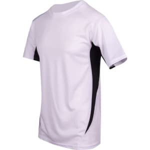 A white and black men's T-shirt featuring a logo and a cool dry fabric design.