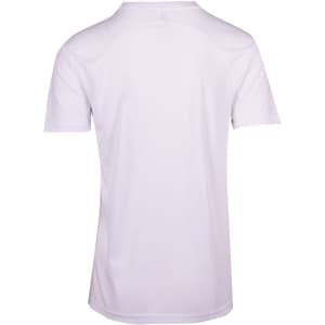 A white men's T-shirt featuring a sleek design with short sleeves and a logo on the back.