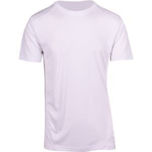 A white men's short-sleeve T-shirt made of cool-dry fabric, featuring a logo.