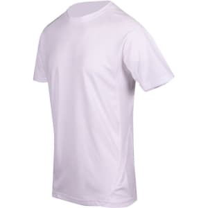 A white men's T-shirt with a smooth, cool dry fabric and a logo on the front.