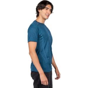 A blue unisex t-shirt made of 100% polyester, featuring a logo on the front.