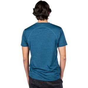 A blue 100% polyester T-shirt with a fitted design, featuring a logo on the front.