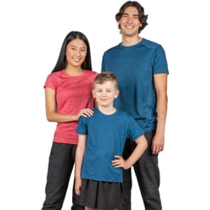 A red and a blue 100% polyester T-shirt worn by a woman and a man, alongside a child in a matching blue T-shirt.